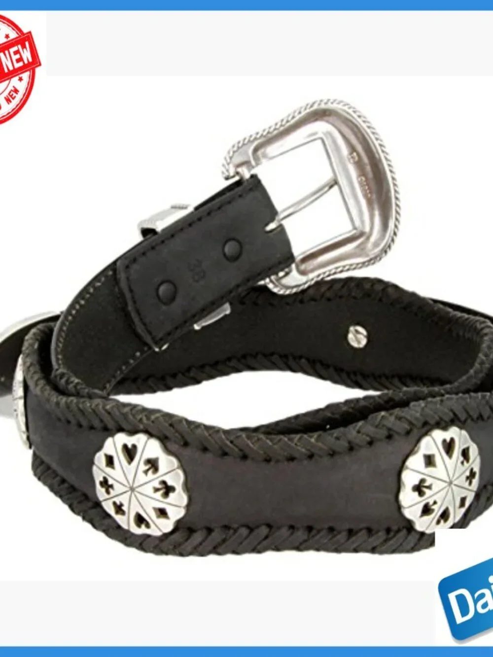 Men's Leather Cowboy Belt with Card Suit Concho Buckle Set